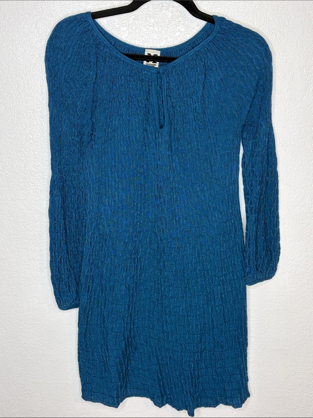 Missoni Blue Wool Blend Knit Long Sleeve Dress Key Hole Front Size 8